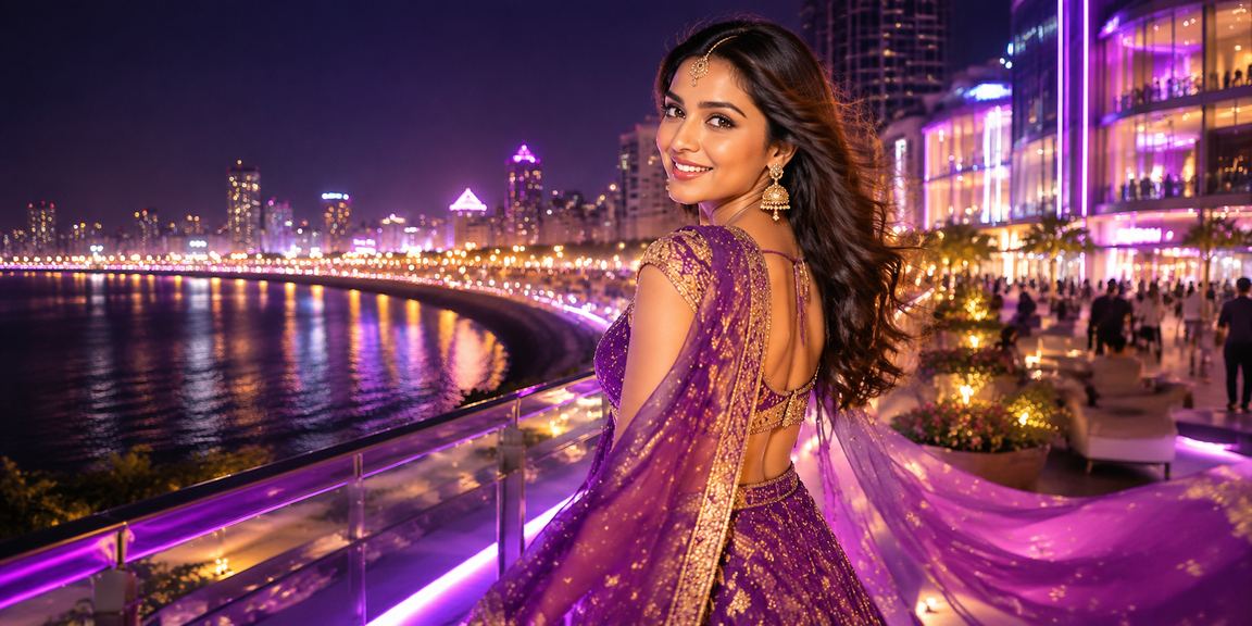 Mumbai Marine Drive illuminated at night with neon lights