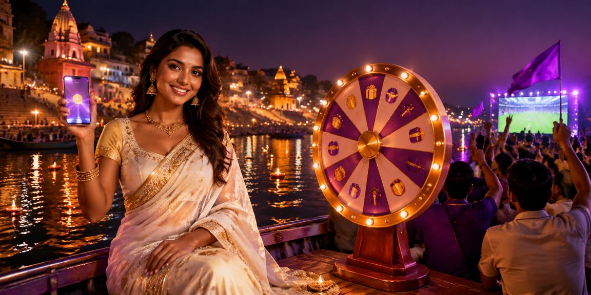 Varanasi Ghat with roulette casino ambiance and player in saree